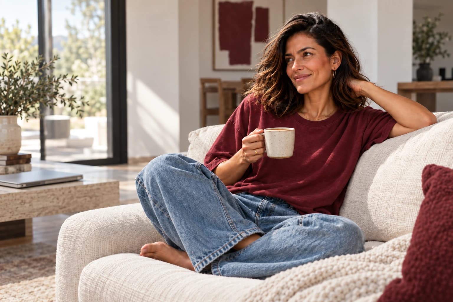 Our example founder taking a coffee break at home in her burgundy tee and jeans